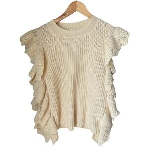 Ruffle Sleeve Knit Top Cream Sleeveless‎ Sweater Casual Cute Comfy
